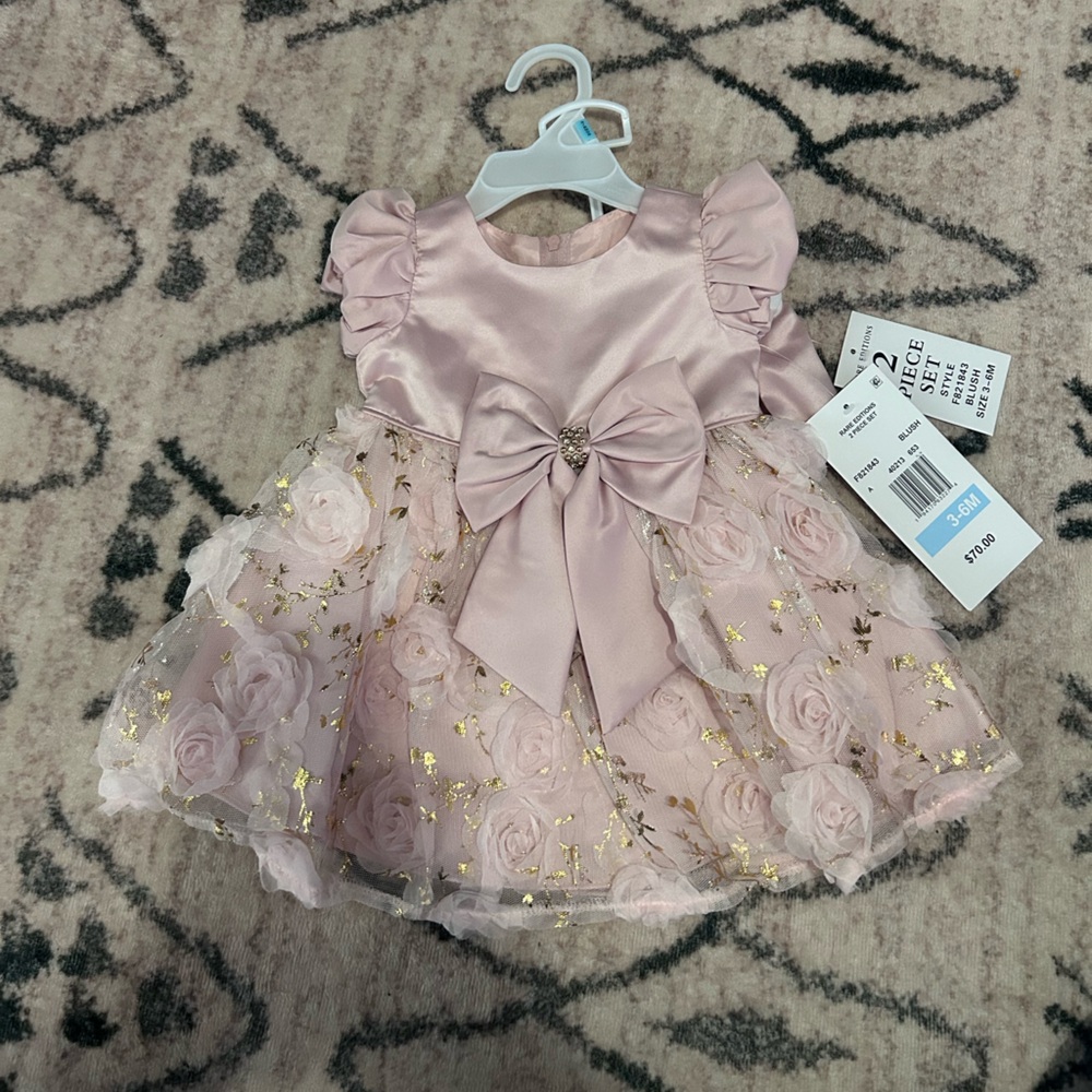 Pink Floral Baby Dress with Gold Accents